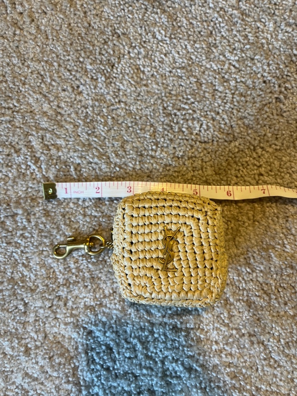 YSL Raffia Keychain Cube Charm in Natural Beige with Gold Hardware - Picture 6 of 10